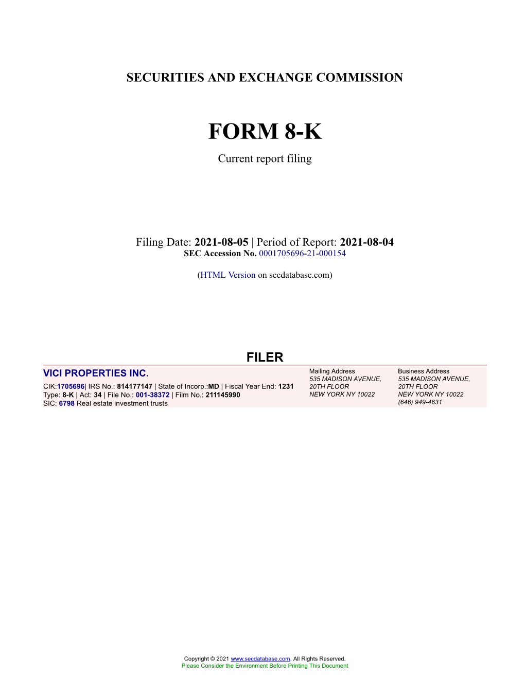 VICI PROPERTIES INC. Form 8-K Current Event