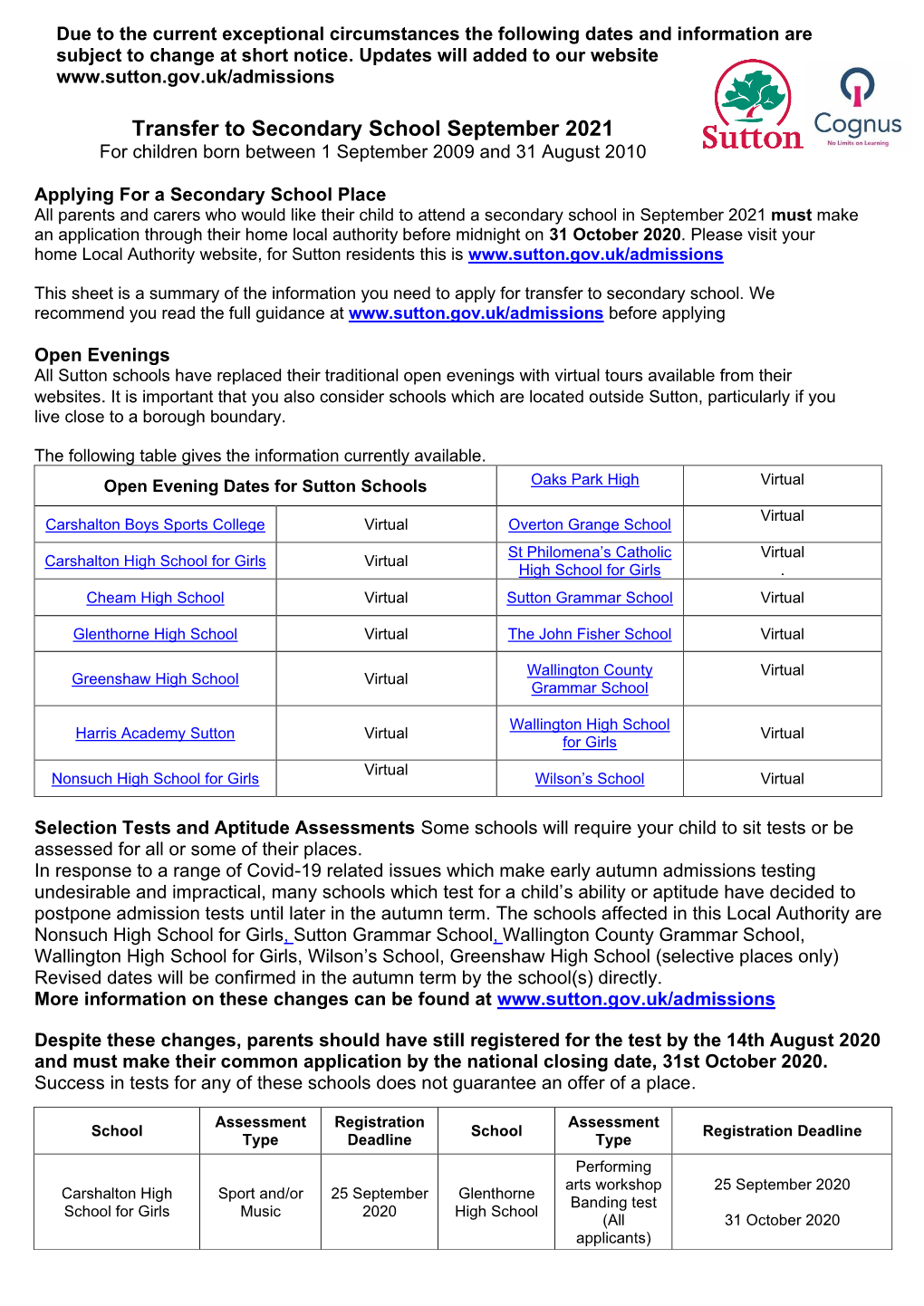 Transfer to Secondary School Autumn Term Information Sheet 2021