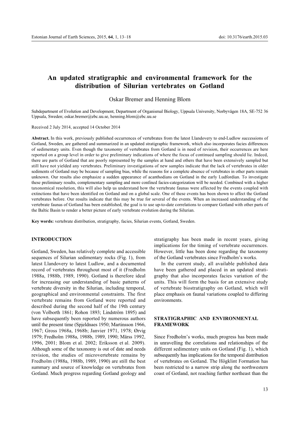 An Updated Stratigraphic and Environmental Framework for the Distribution of Silurian Vertebrates on Gotland