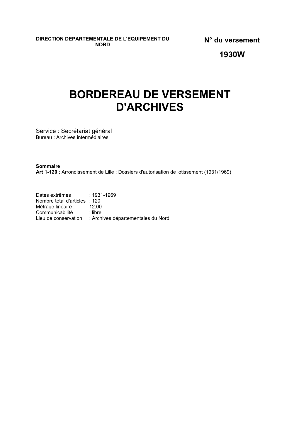 Répertoire D'archives Détaillé : DDE Du Nord : Lille : Autorisations De