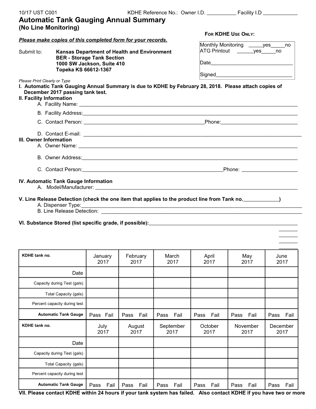 10/17 UST C001 KDHE Reference No.: Owner I.D. Facility I.D