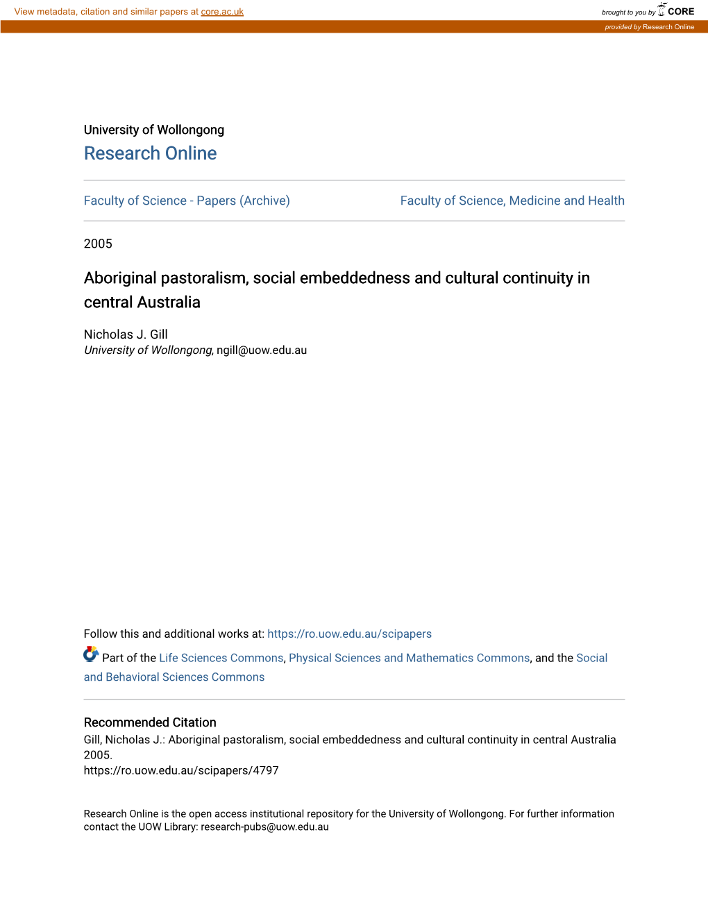 Aboriginal Pastoralism, Social Embeddedness and Cultural Continuity in Central Australia