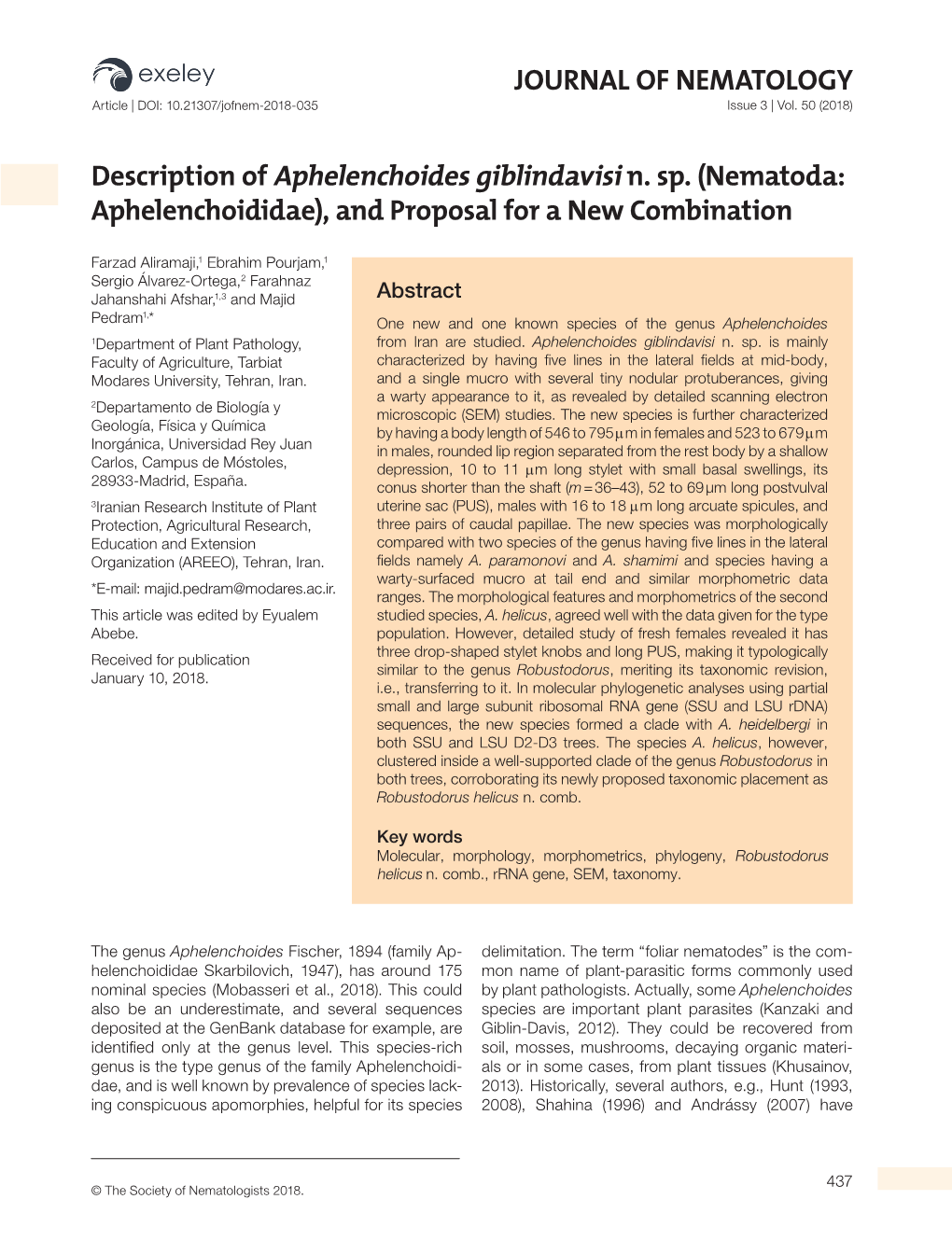 JOURNAL of NEMATOLOGY Description of Aphelenchoides Giblindavisi N