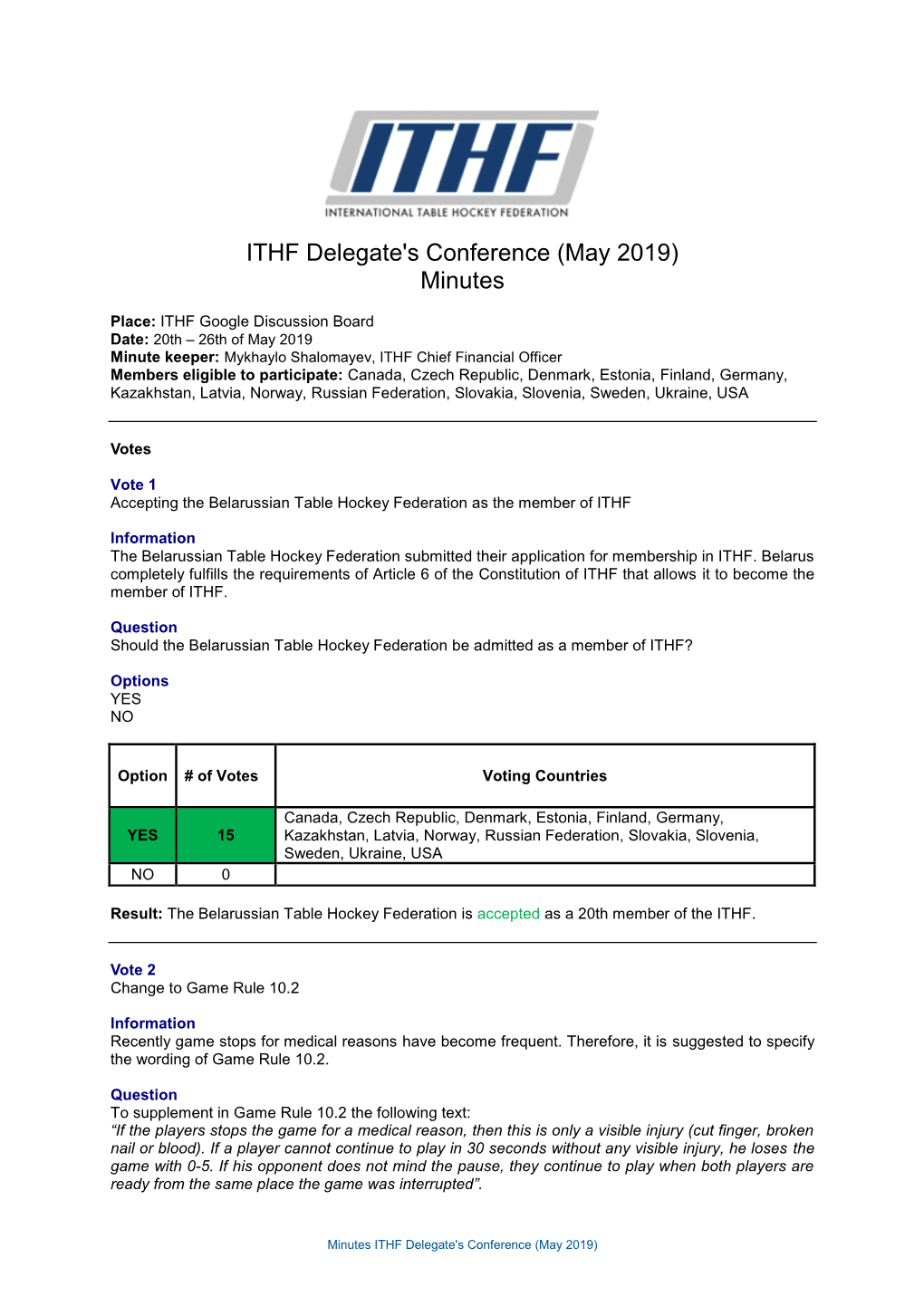 ITHF Delegate's Conference (May 2019) Minutes