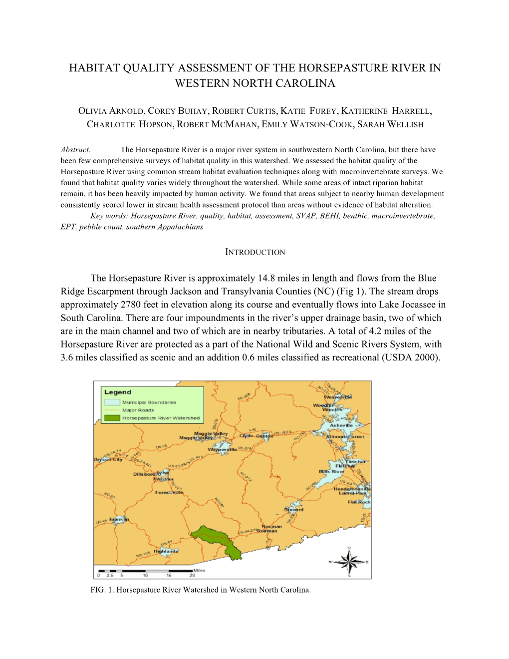 Habitat Quality Assessment of the Horsepasture River in Western North Carolina