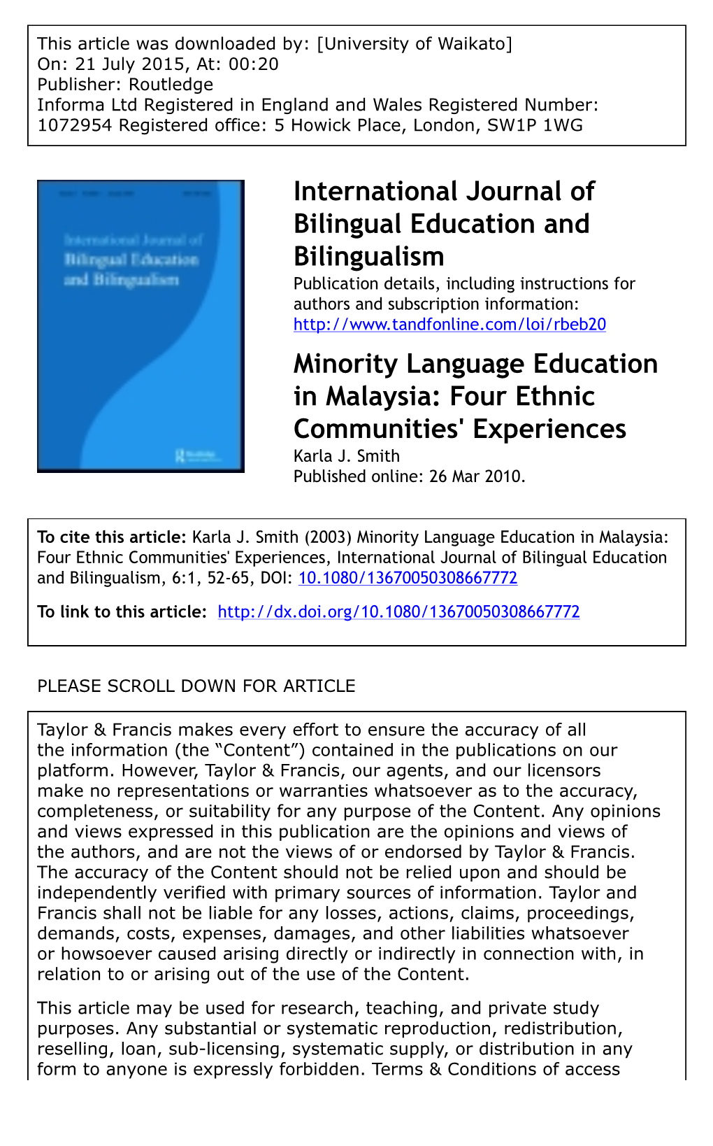 Minority Language Education in Malaysia: Four Ethnic Communities' Experiences Karla J