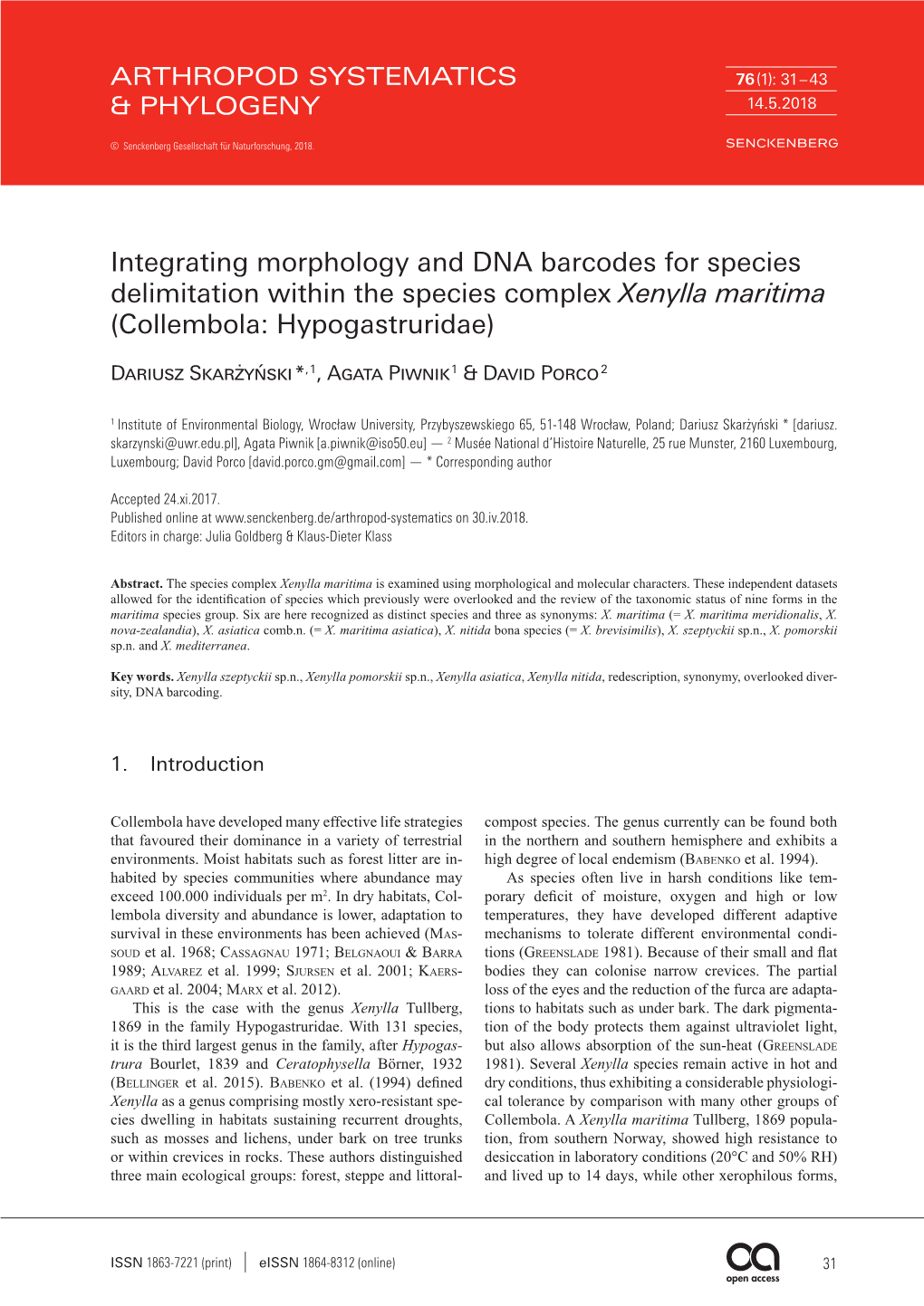 Integrating Morphology and DNA Barcodes for Species Delimitation Within the Species Complex Xenylla Maritima (Collembola: Hypogastruridae)