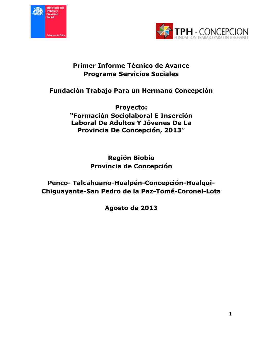 Primer Informe Técnico De Avance Programa Servicios Sociales Fundación Trabajo Para Un Hermano Concepción Proyecto: “Form