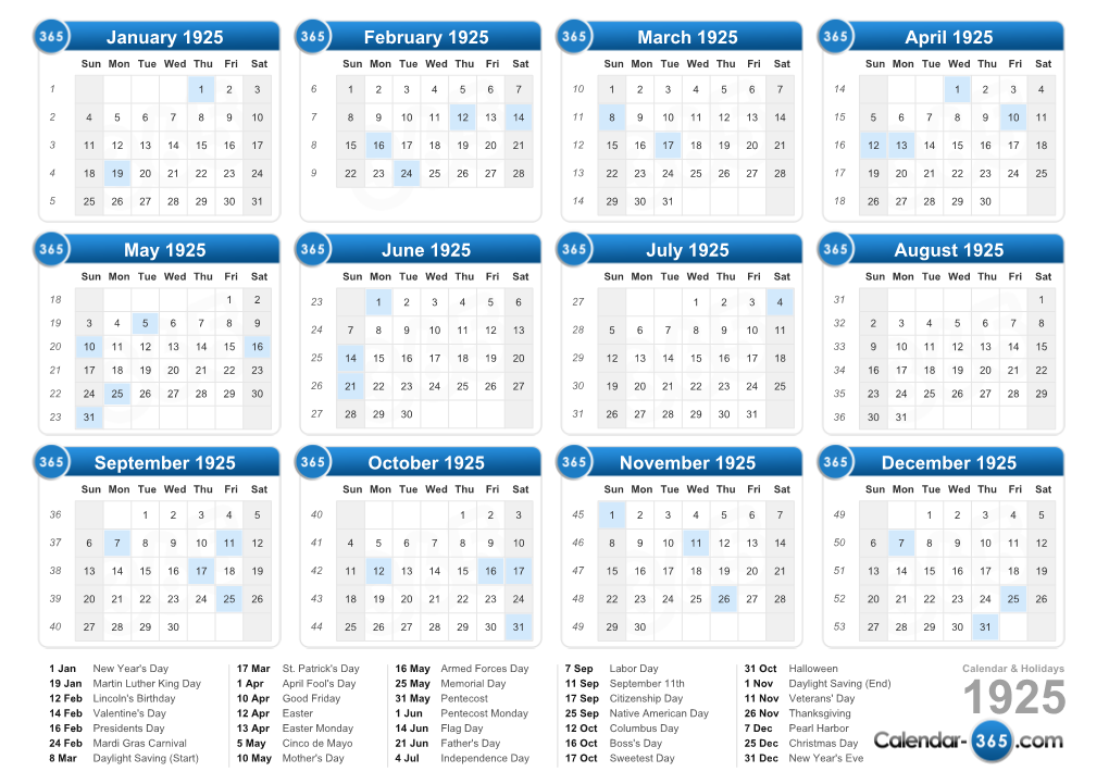 Calendar 1925 & Holidays 1925