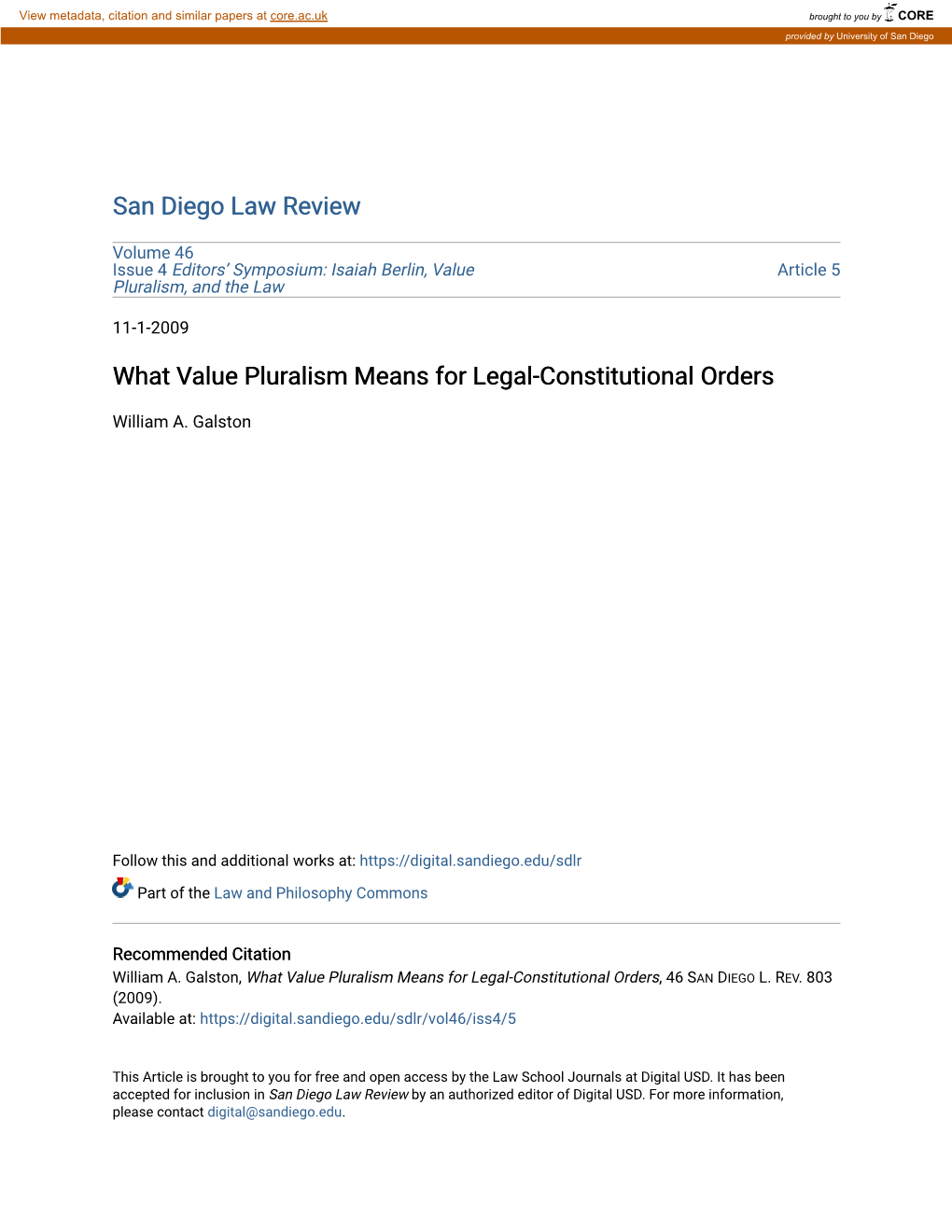 What Value Pluralism Means for Legal-Constitutional Orders