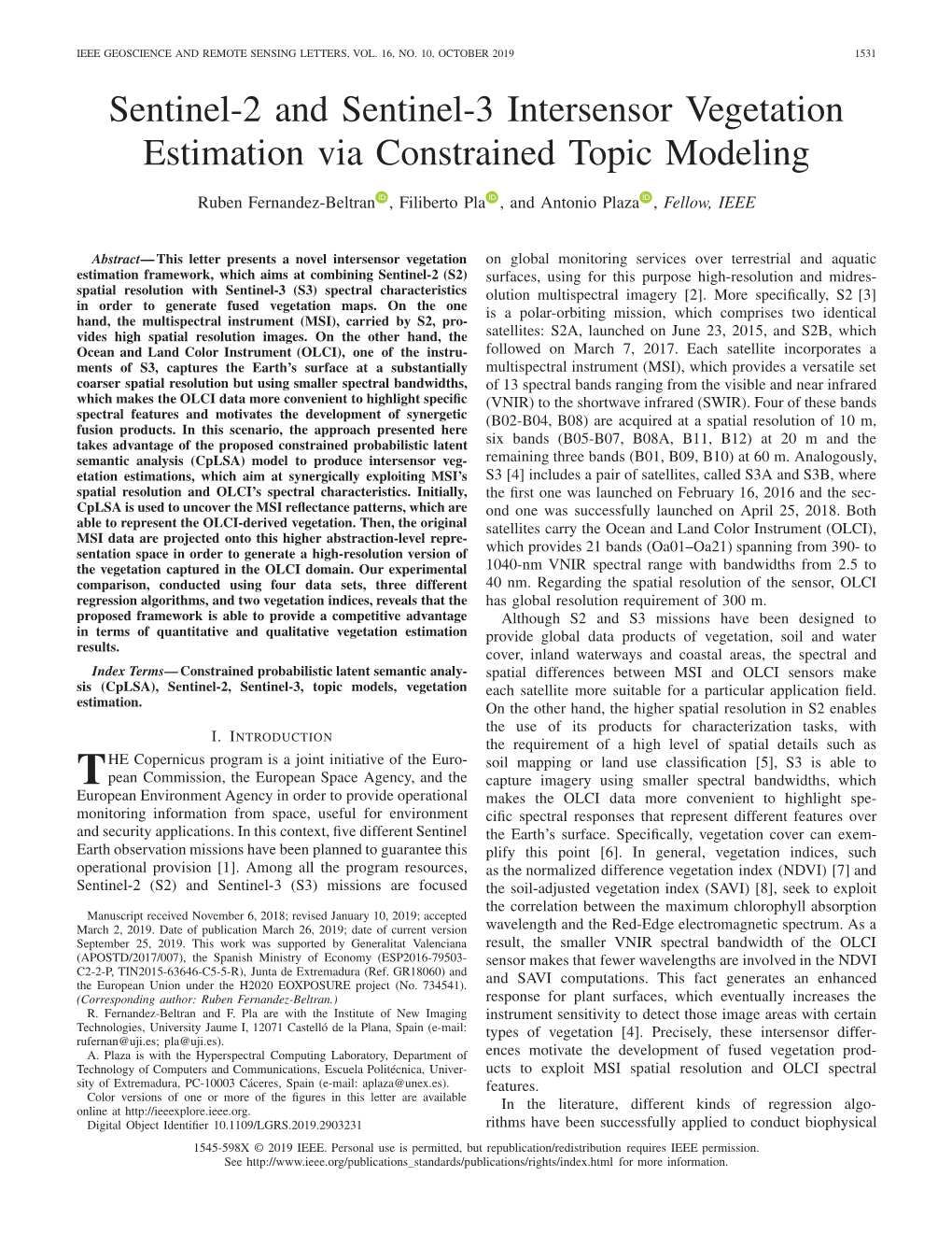 Sentinel-2 and Sentinel-3 Intersensor Vegetation Estimation Via Constrained Topic Modeling