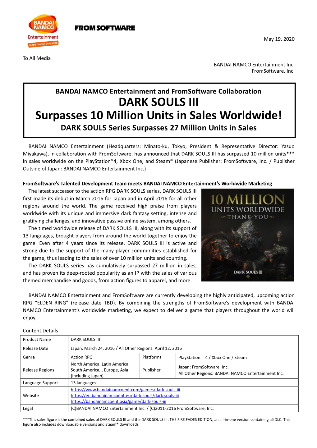 DARK SOULS III Surpasses 10 Million Units in Sales Worldwide! DARK SOULS Series Surpasses 27 Million Units in Sales