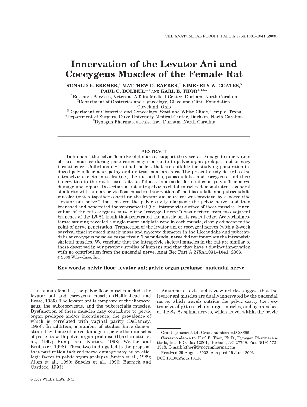 Innervation of the Levator Ani and Coccygeus Muscles of the Female Rat