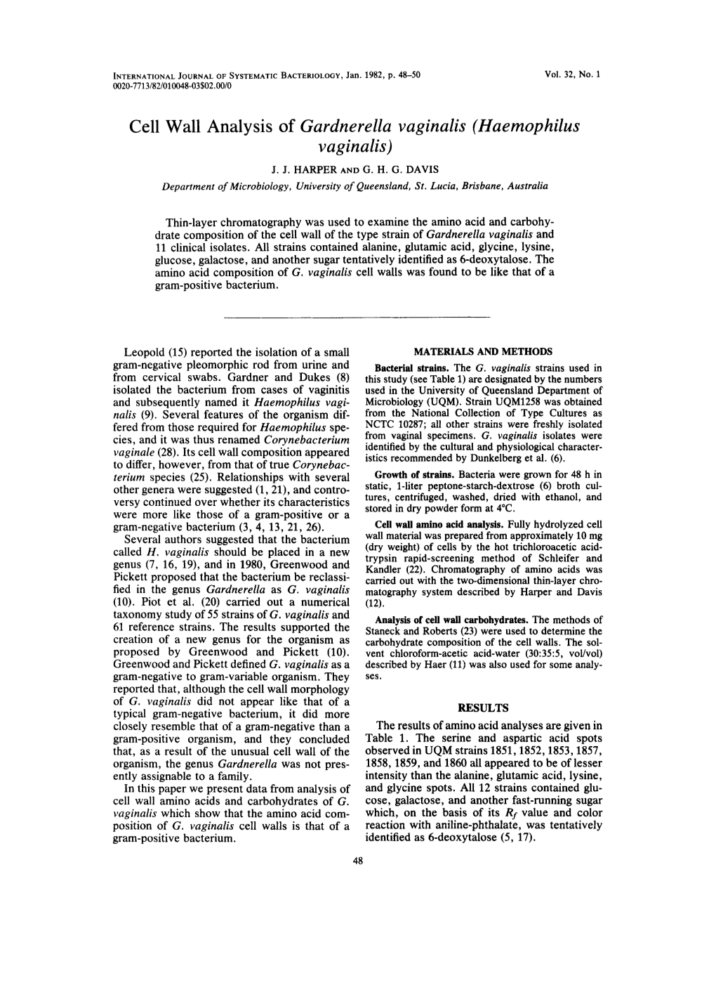 Cell Wall Analysis of Gardnerella Vaginalis (Haemophilus Vaginalis)