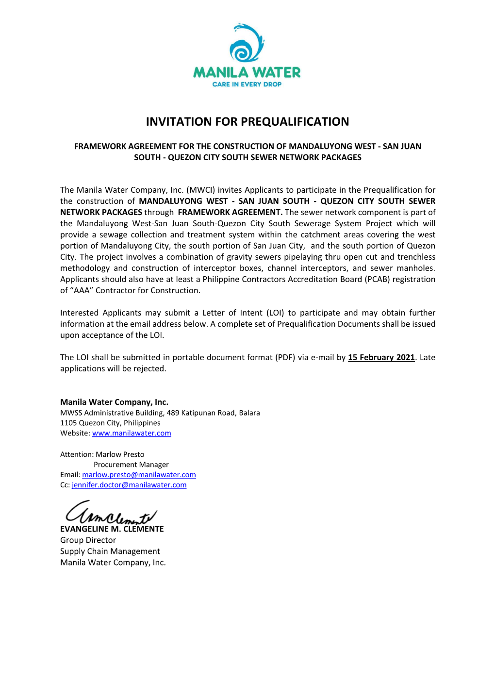 Invitation for Prequalification