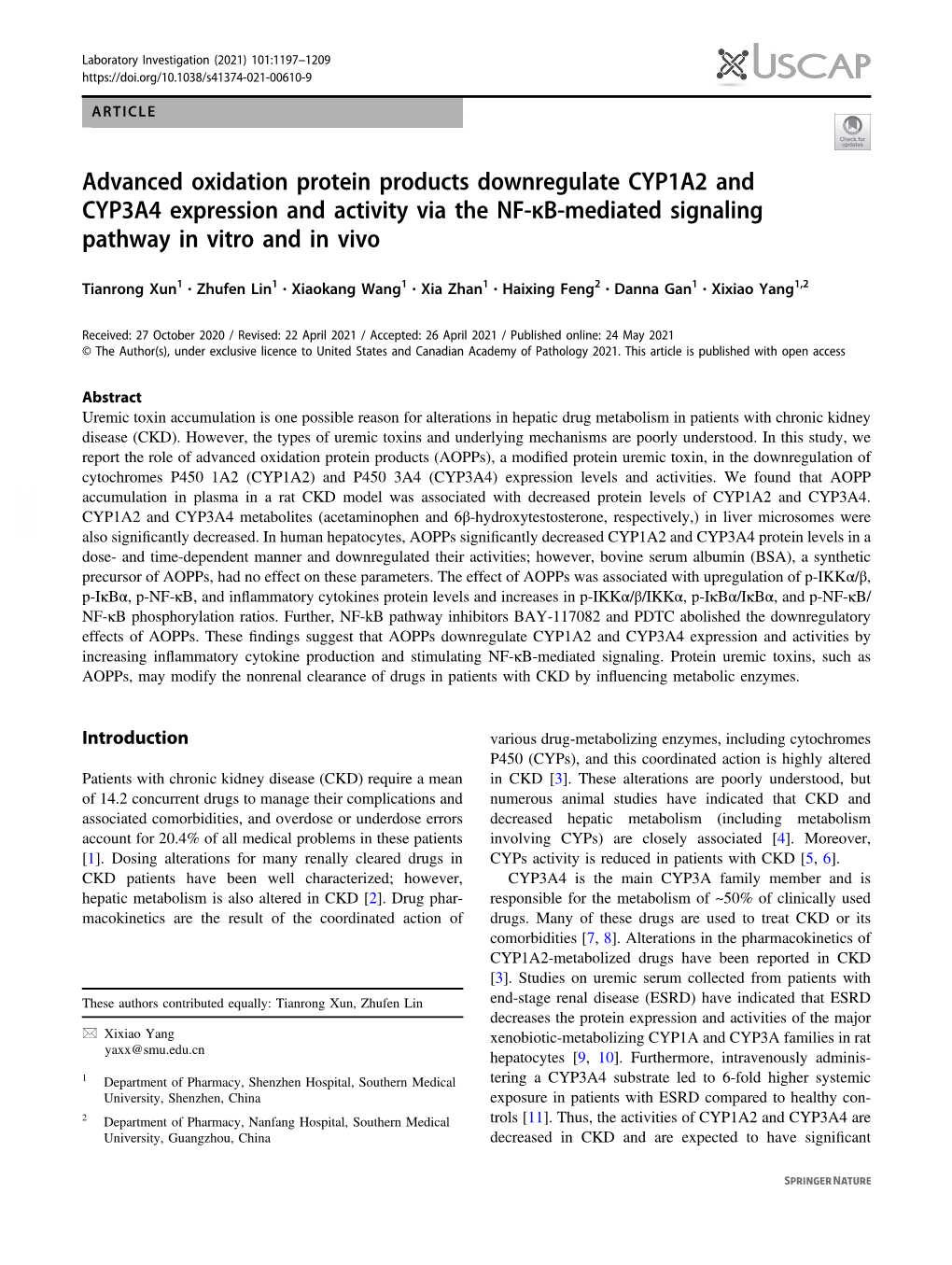 Advanced Oxidation Protein Products Downregulate CYP1A2 and CYP3A4 Expression and Activity Via the NF-ÎºB-Mediated Signaling P