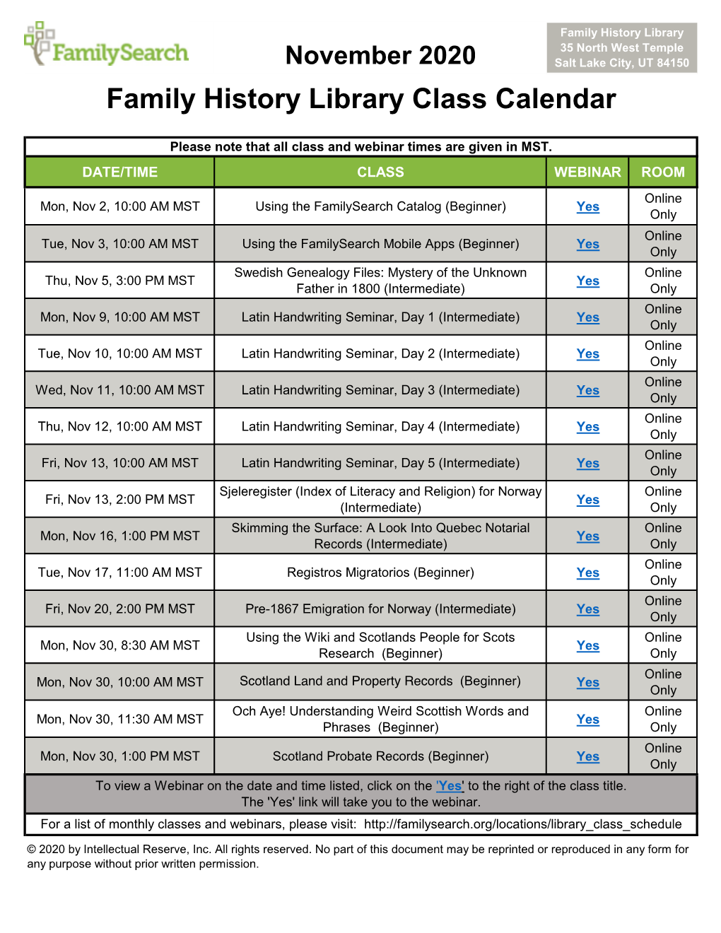 Family History Library Class Calendar