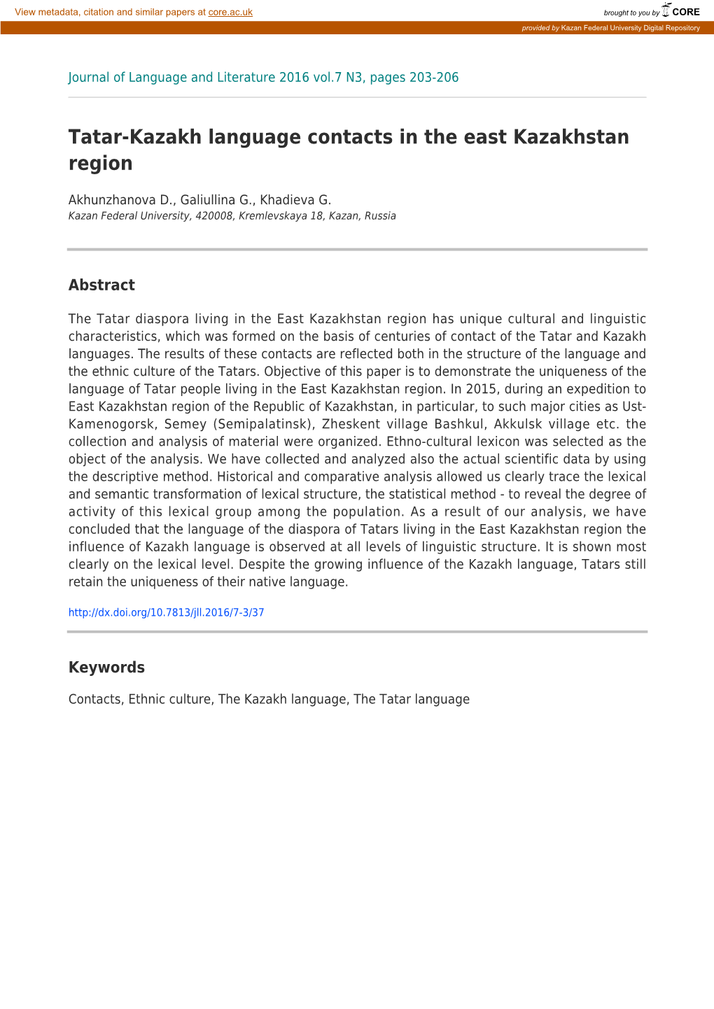 Tatar-Kazakh Language Contacts in the East Kazakhstan Region