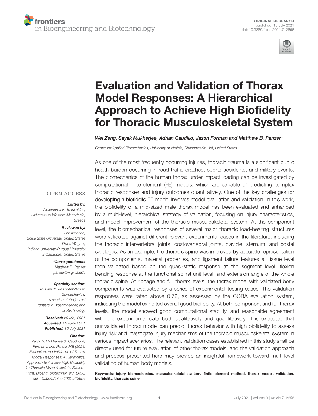 Evaluation and Validation of Thorax Model Responses: a Hierarchical Approach to Achieve High Bioﬁdelity for Thoracic Musculoskeletal System