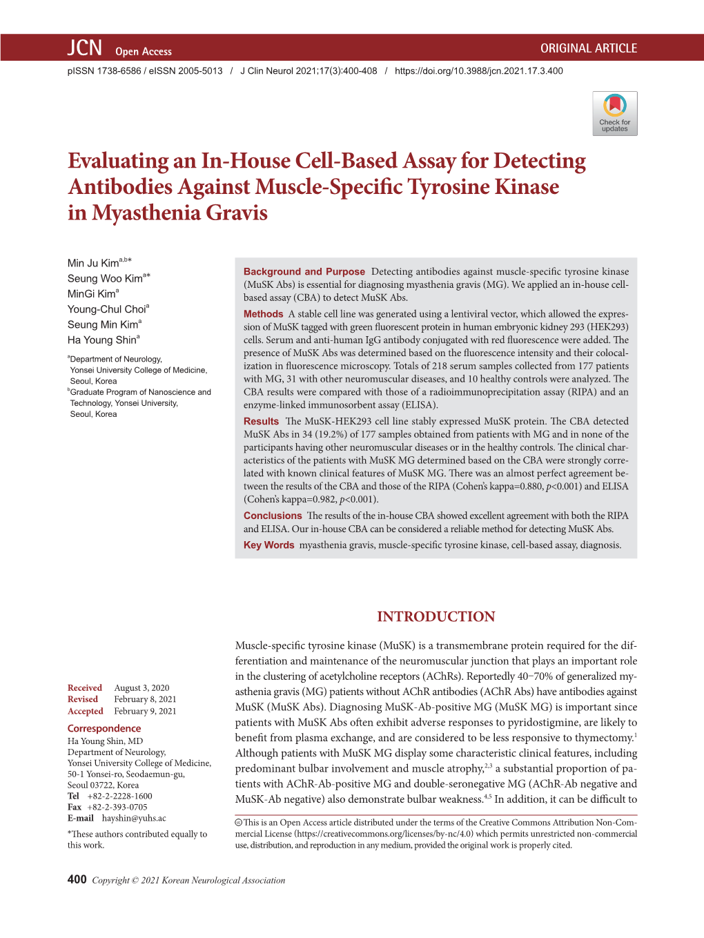 Evaluating an In-House Cell-Based Assay for Detecting Antibodies Against Muscle-Specific Tyrosine Kinase in Myasthenia Gravis