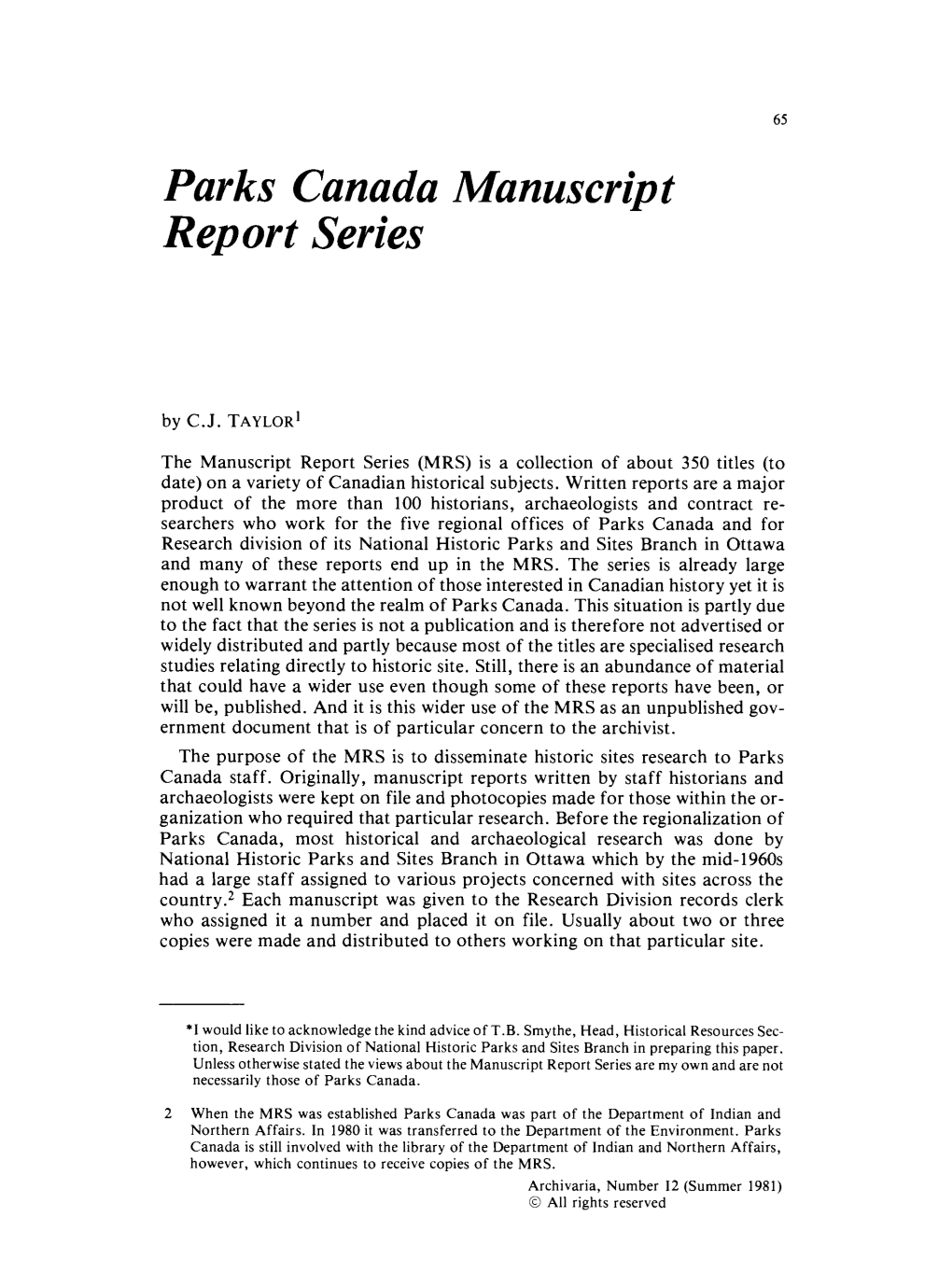 Parks Canada Manuscript Report Series