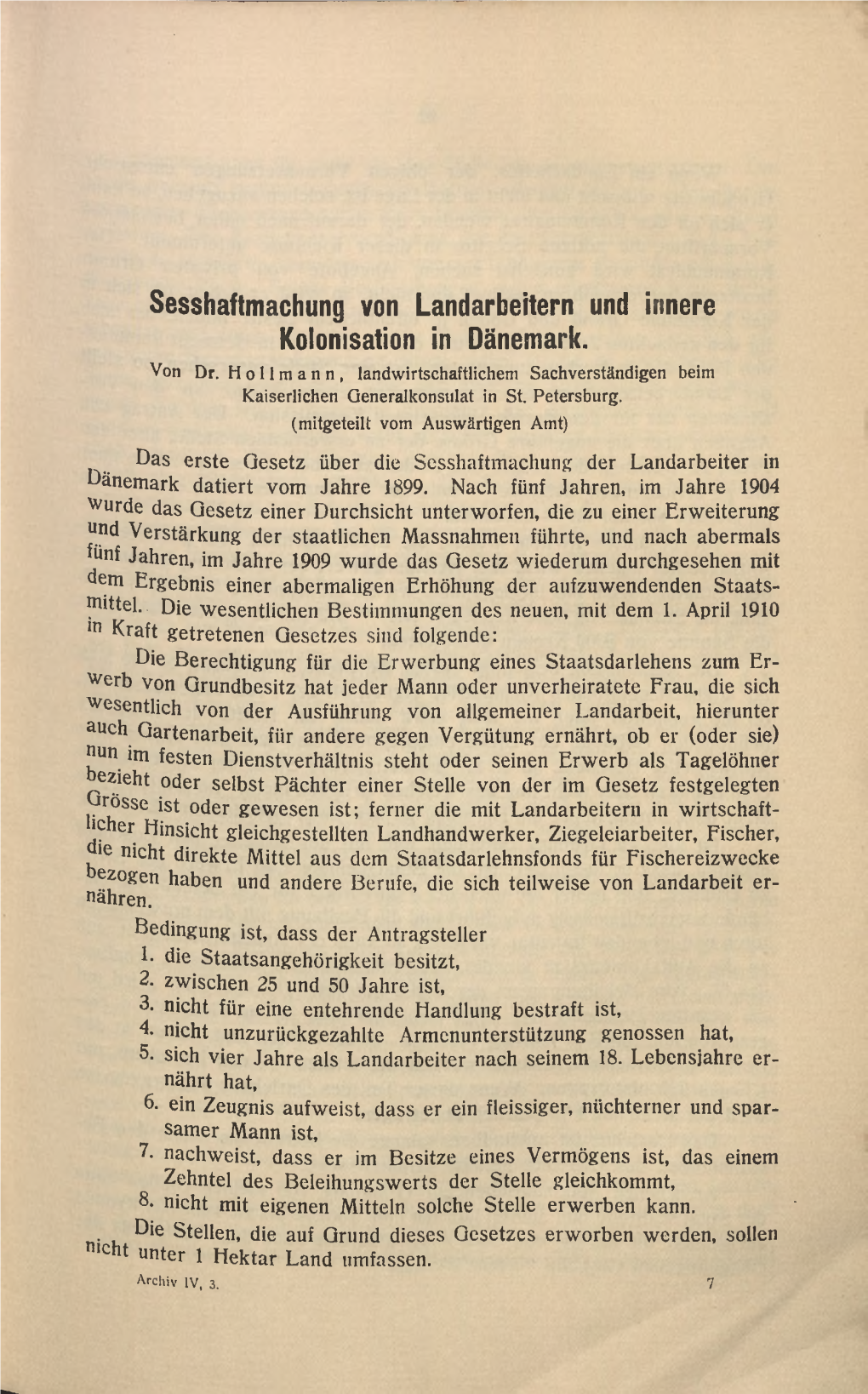 Sesshaftmachung Von Landarbeitern Und Innere Kolonisation in Dänemark. Von Dr