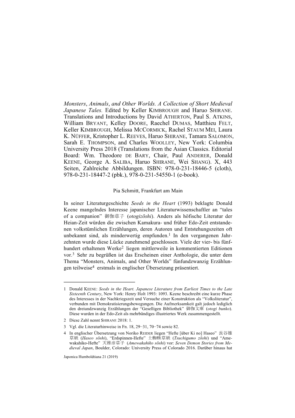 Monsters, Animals, and Other Worlds. a Collection of Short Medieval Japanese Tales. Edited by Keller KIMBROUGH and Haruo SHIRANE