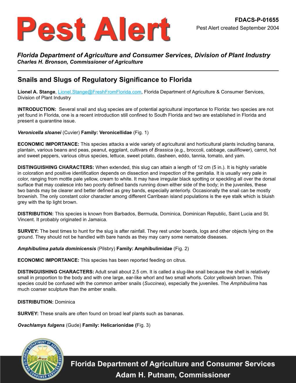 Snails and Slugs of Regulatory Significance to Florida