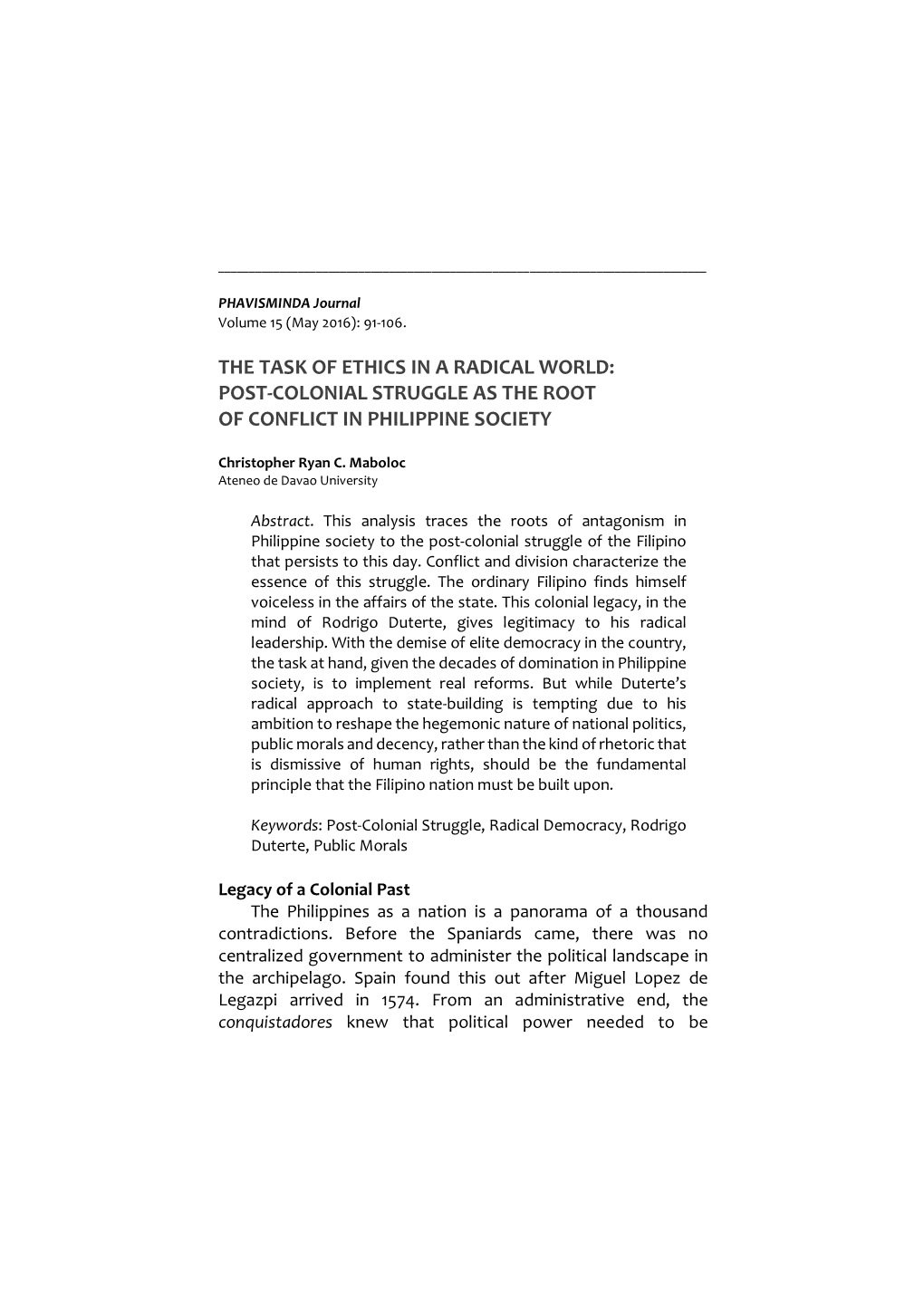 Post-Colonial Struggle As the Root of Conflict in Philippine Society