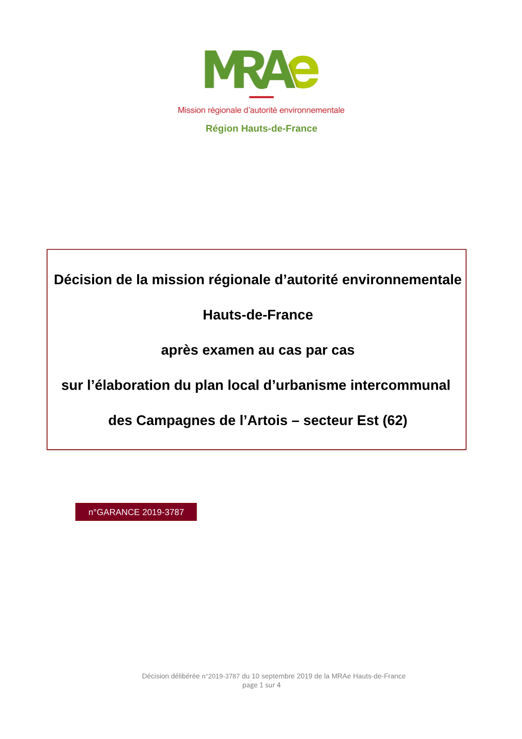 Décision De La Mission Régionale D'autorité Environnementale Hauts-De-France Après Examen Au Cas Par Cas Sur L'élaborat