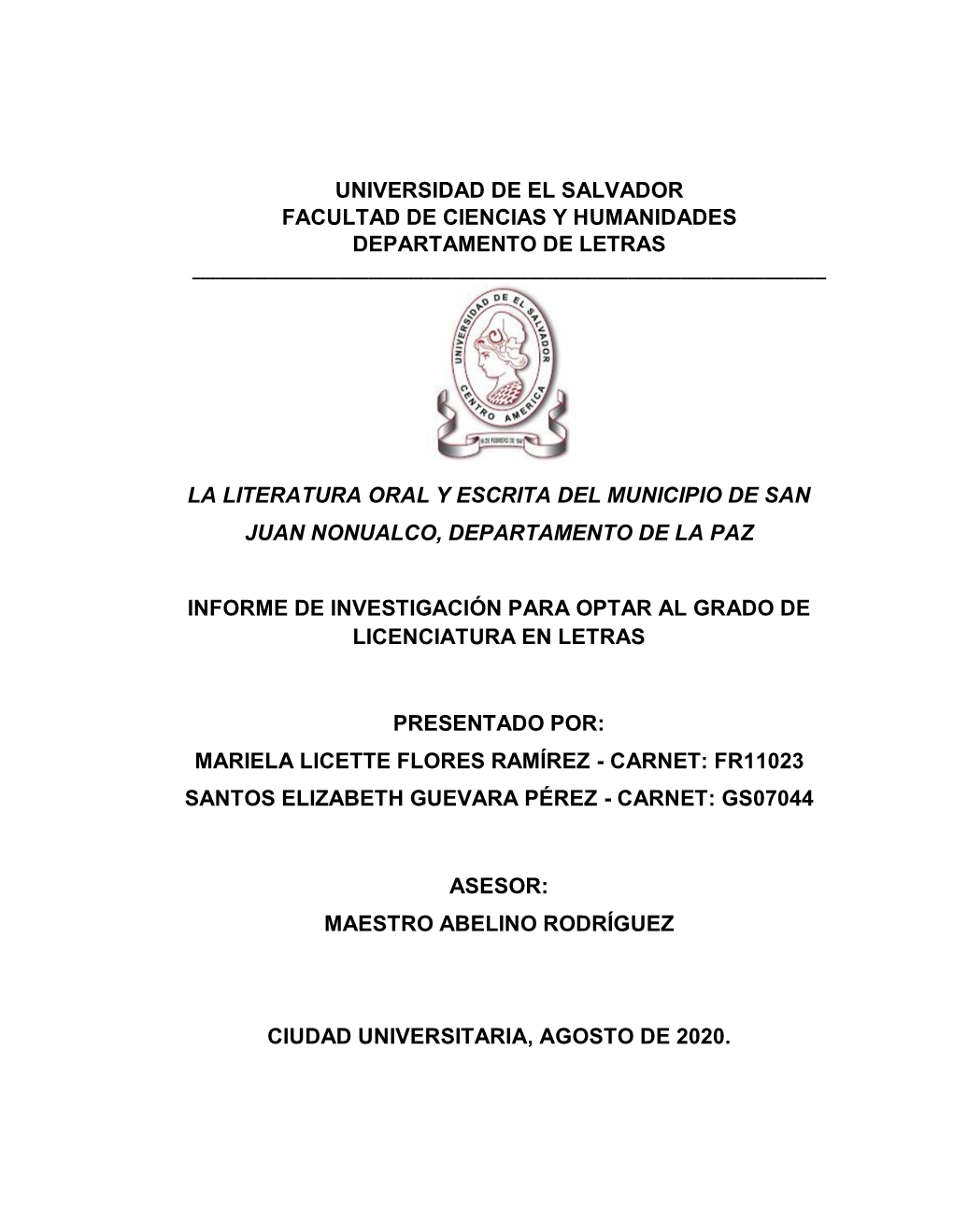 Universidad De El Salvador Facultad De Ciencias Y Humanidades