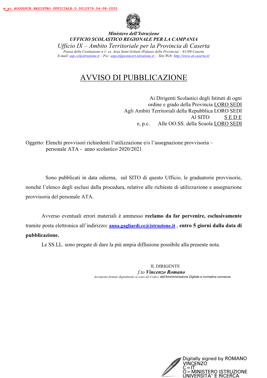 Ufficio IX – Ambito Territoriale Per La Provincia Di Caserta Piazza Della Costituzione N.1- Ex