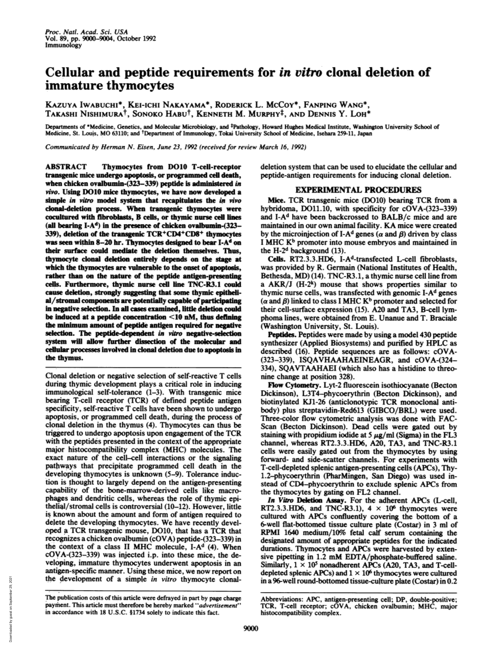 Cellular and Peptiderequirements for in Vitro Clonal Deletion of Immature