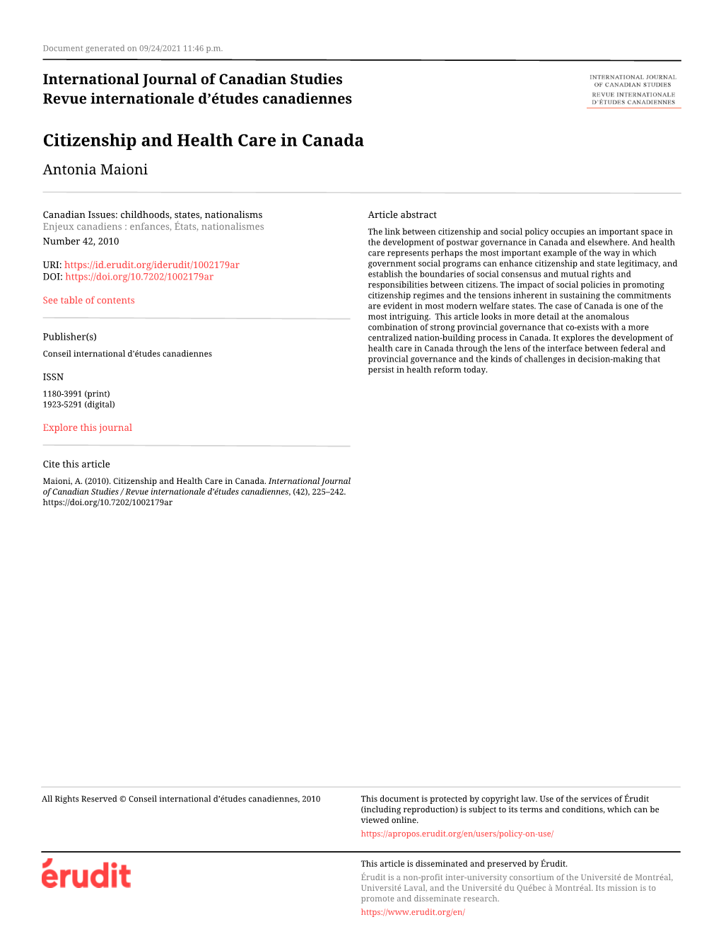 Citizenship and Health Care in Canada Antonia Maioni