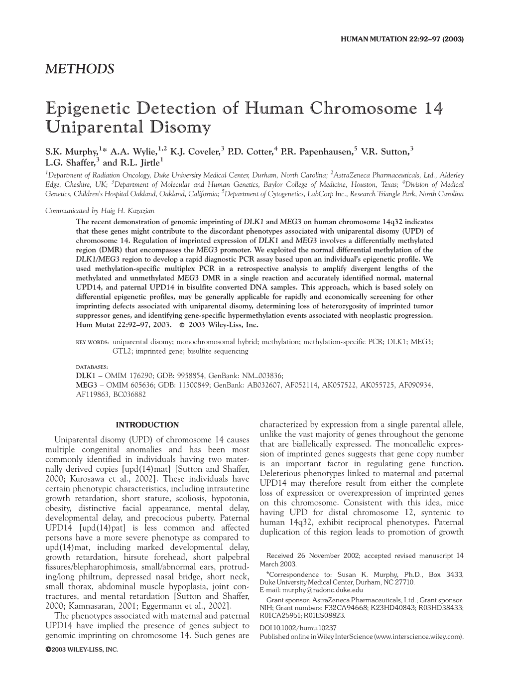 Epigenetic Detection of Human Chromosome 14 Uniparental Disomy