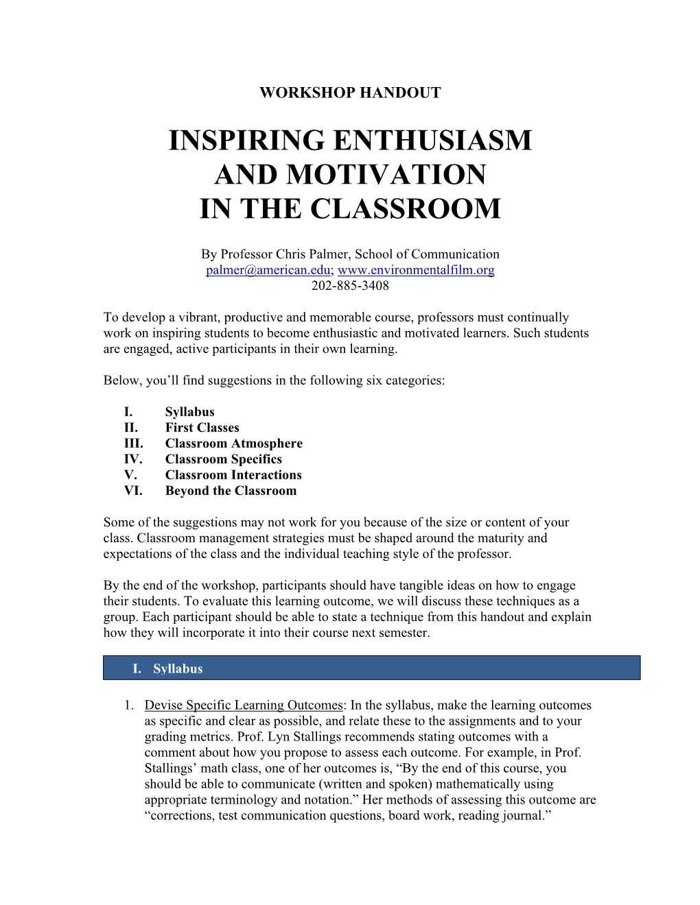 Inspiring Enthusiasm and Motivation in the Classroom