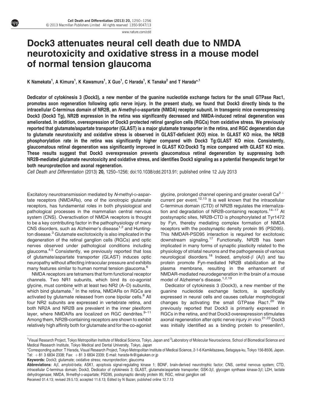 Dock3 Attenuates Neural Cell Death Due to NMDA Neurotoxicity and Oxidative Stress in a Mouse Model of Normal Tension Glaucoma