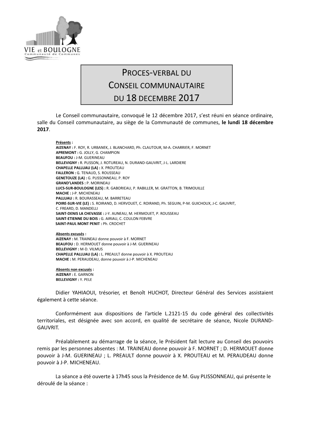 Proces-Verbal Du Conseil Communautaire Du 18 Decembre 2017