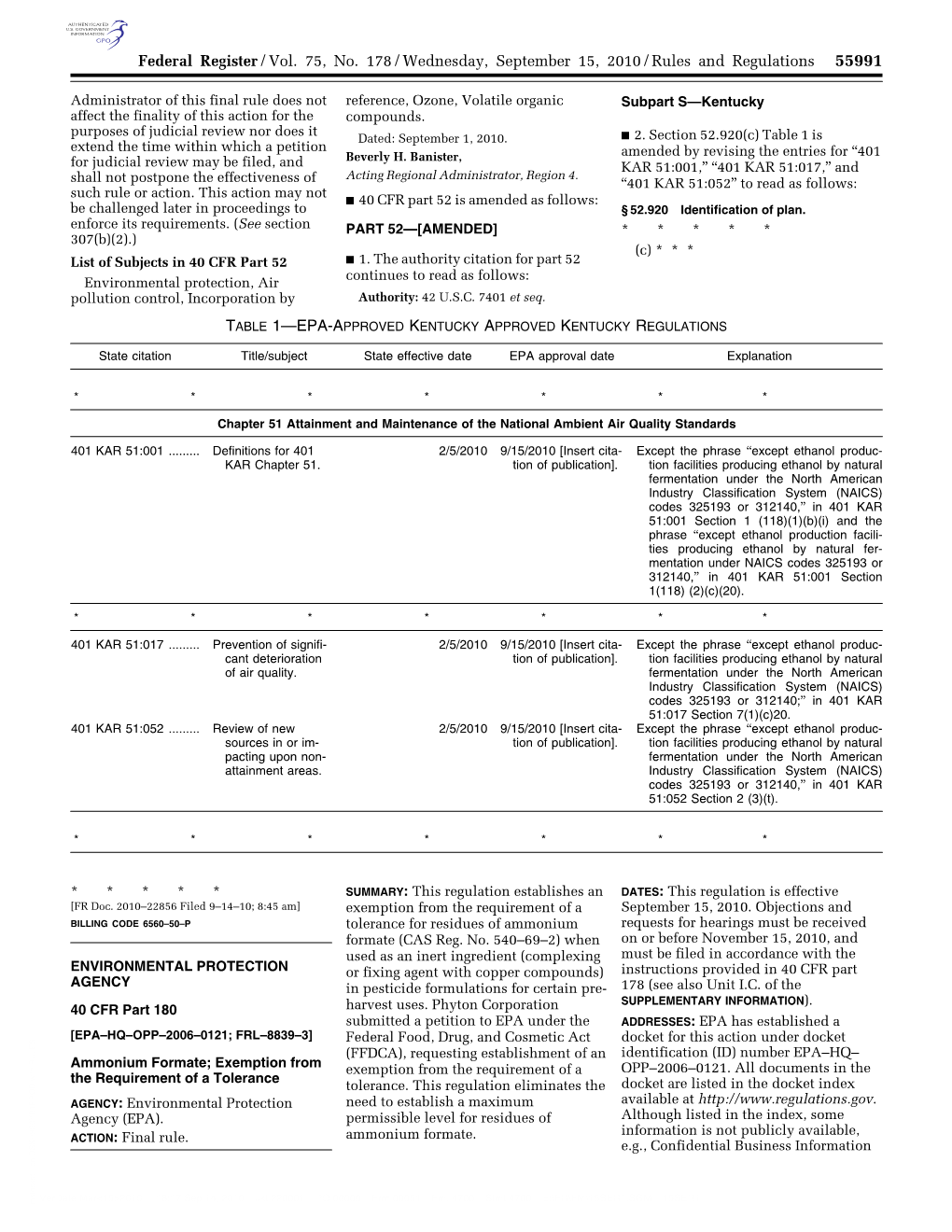 Ammonium Formate; Exemption from Exemption from the Requirement of a OPP–2006–0121