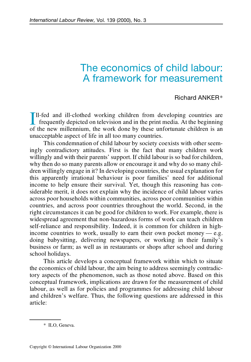 The Economics of Child Labour: a Framework for Measurement