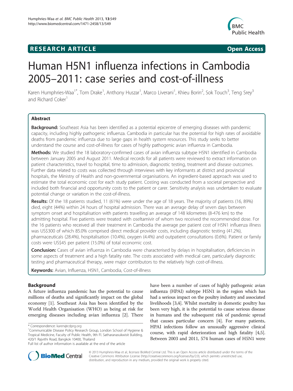 Human H5N1 Influenza Infections in Cambodia 2005-2011: Case Series