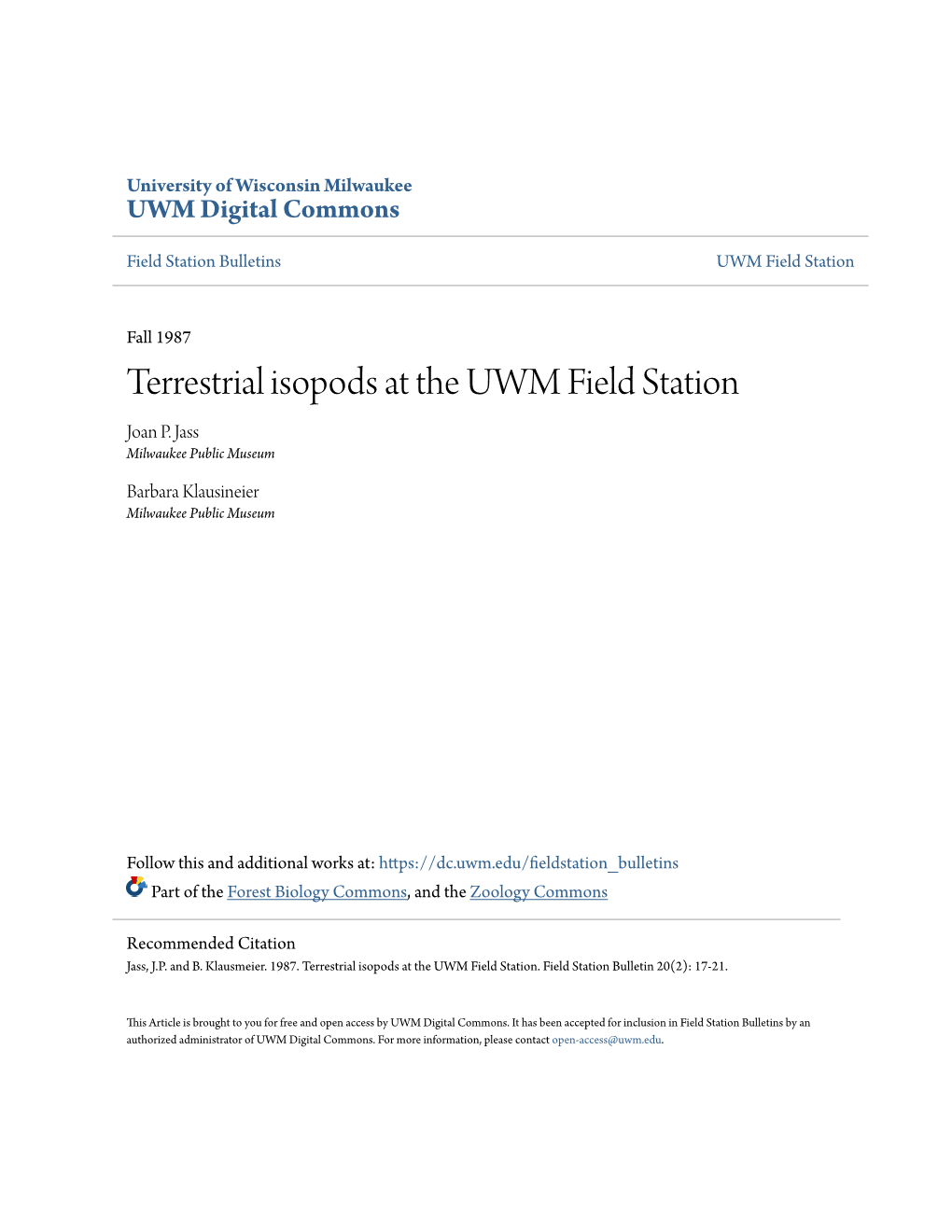 Terrestrial Isopods at the UWM Field Station Joan P