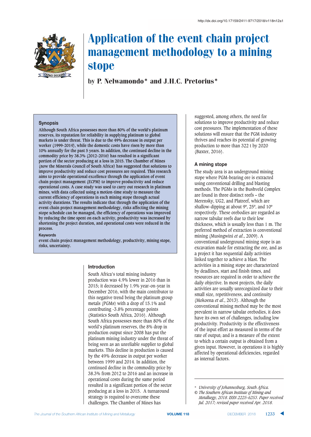 Application of the Event Chain Project Management Methodology to a Mining Stope by P