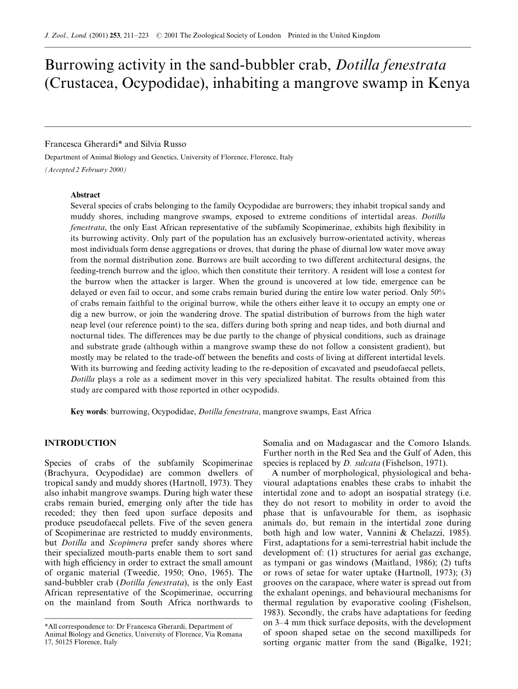 Burrowing Activity in the Sand-Bubbler Crab, Dotilla Fenestrata (Crustacea, Ocypodidae), Inhabiting a Mangrove Swamp in Kenya