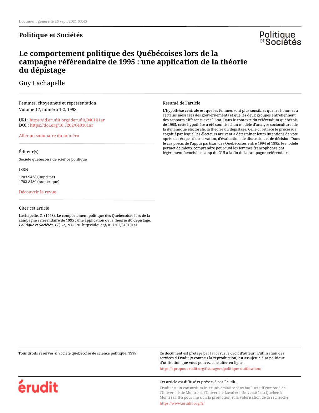 Le Comportement Politique Des Québécoises Lors De La Campagne Référendaire De 1995 : Une Application De La Théorie Du Dépistage Guy Lachapelle