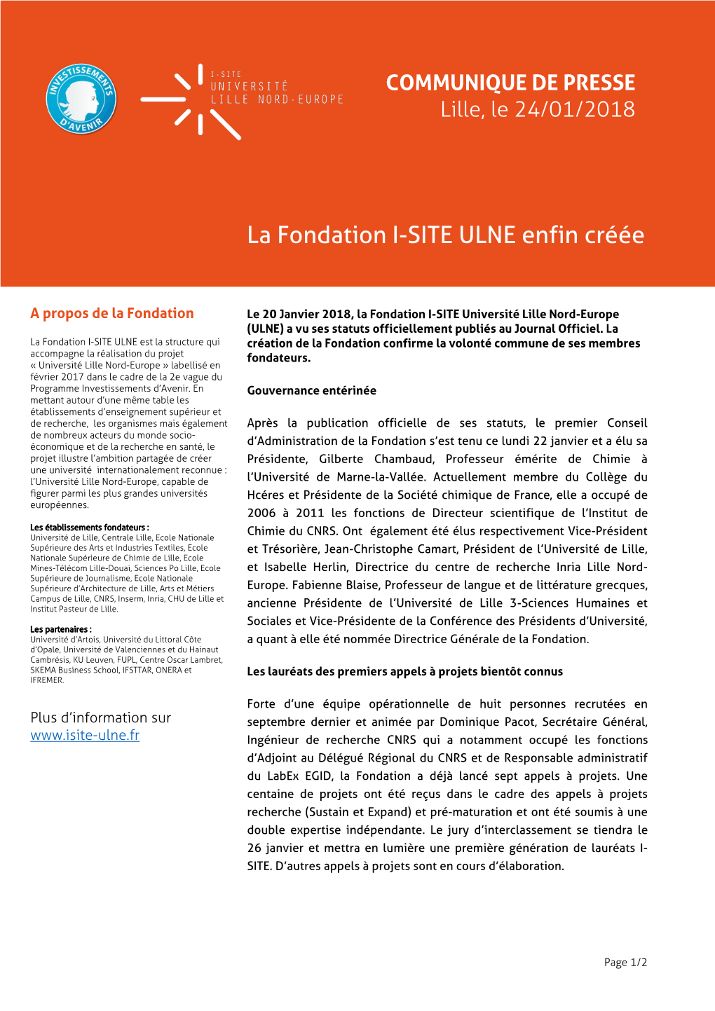 La Fondation I-SITE ULNE Enfin Créée