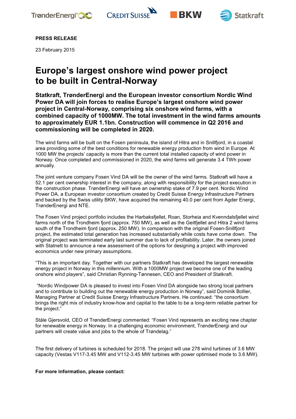 Europe's Largest Onshore Wind Power Project to Be Built in Central-Norway