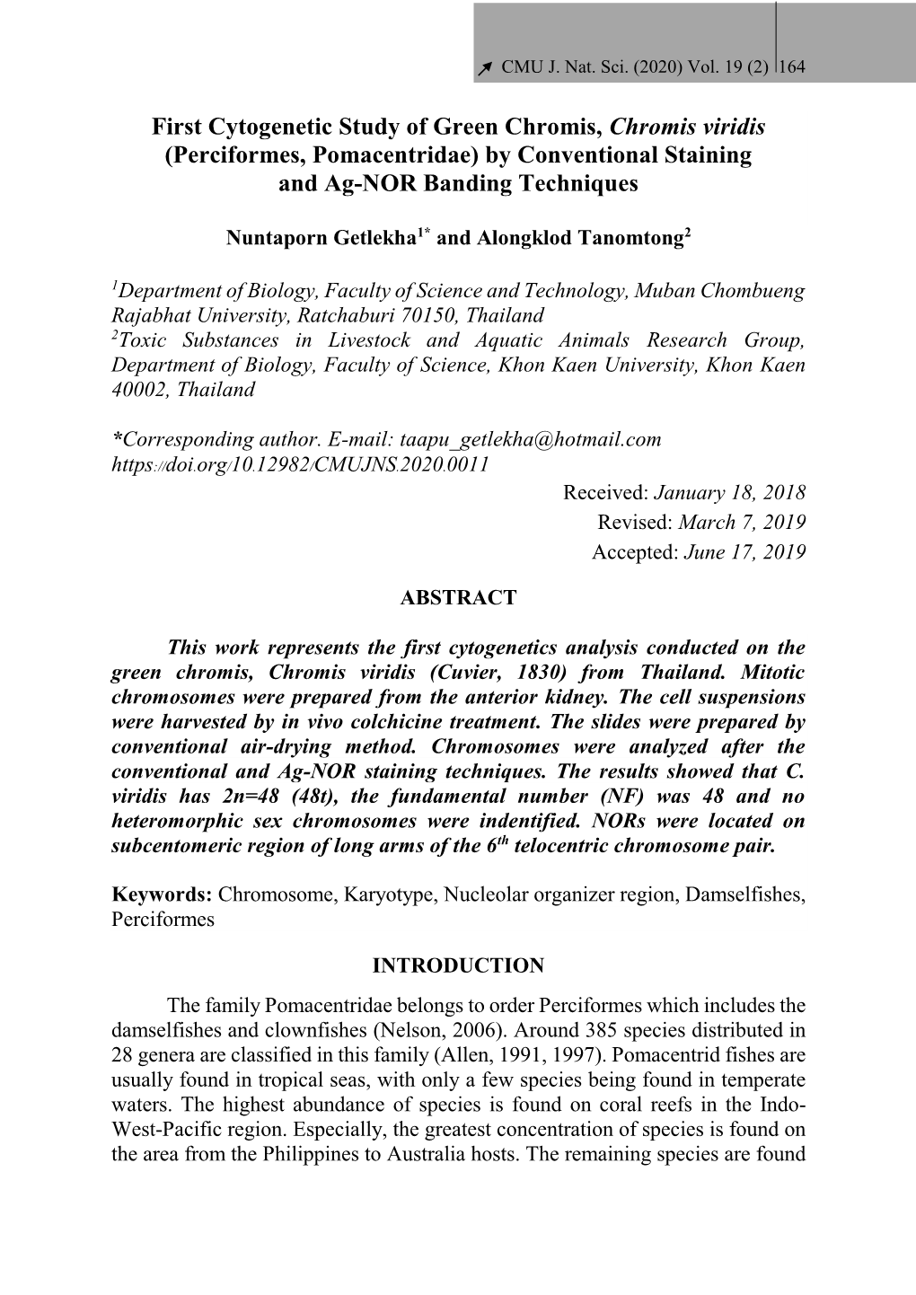 First Cytogenetic Study of Green Chromis, Chromis Viridis (Perciformes, Pomacentridae) by Conventional Staining and Ag-NOR Banding Techniques