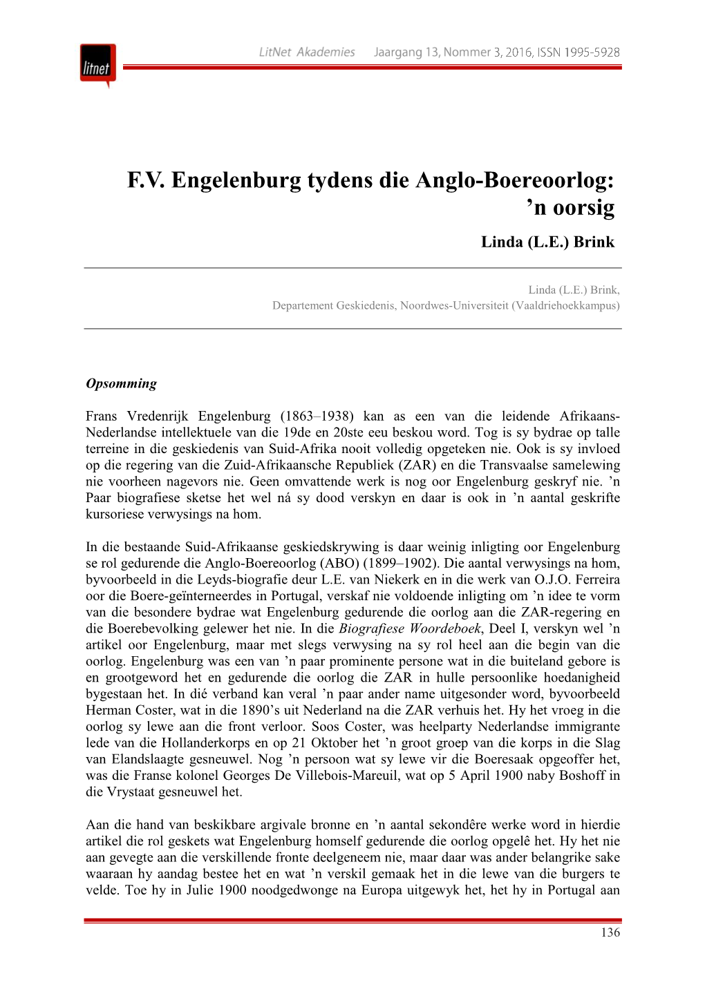 FV Engelenburg Tydens Die Anglo-Boereoorlog