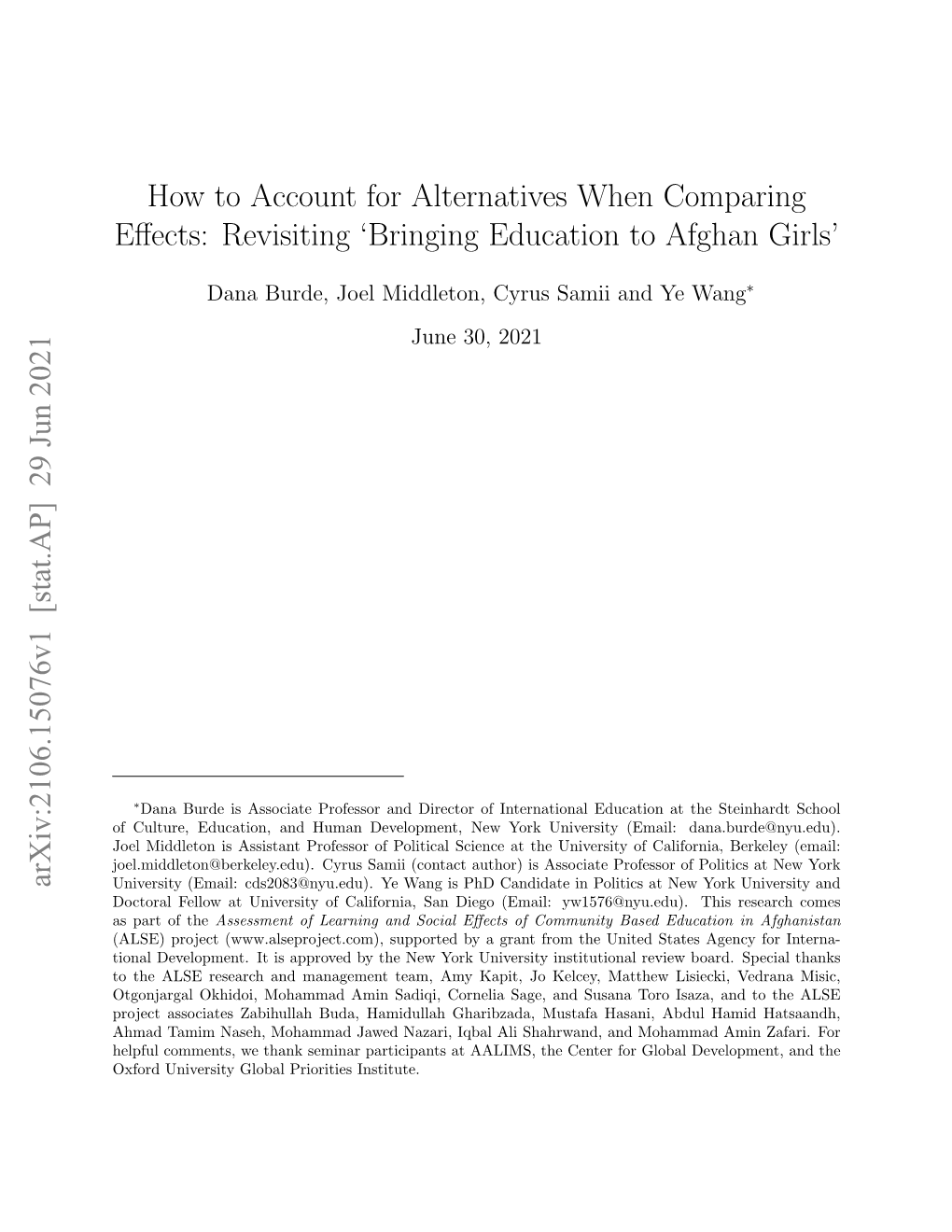 How to Account for Alternatives When Comparing Effects: Revisiting 'Bringing Education to Afghan Girls' Arxiv:2106.15076V1